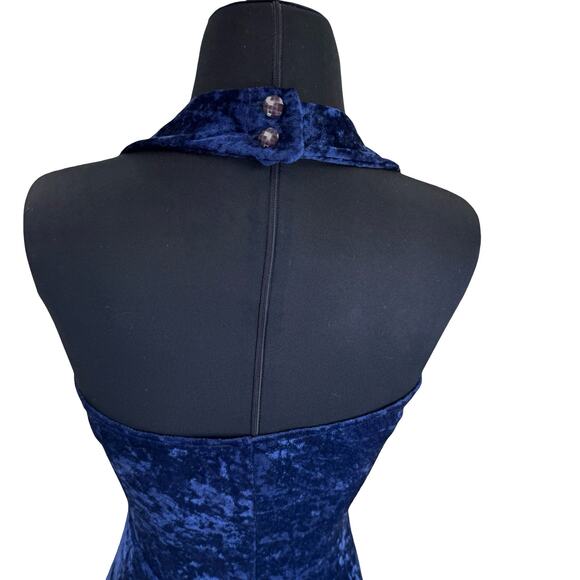 1980s Blue Velvet Halter Mini Dress – Crushed Stretchy Velvet Club Dress - Picture 2 of 16